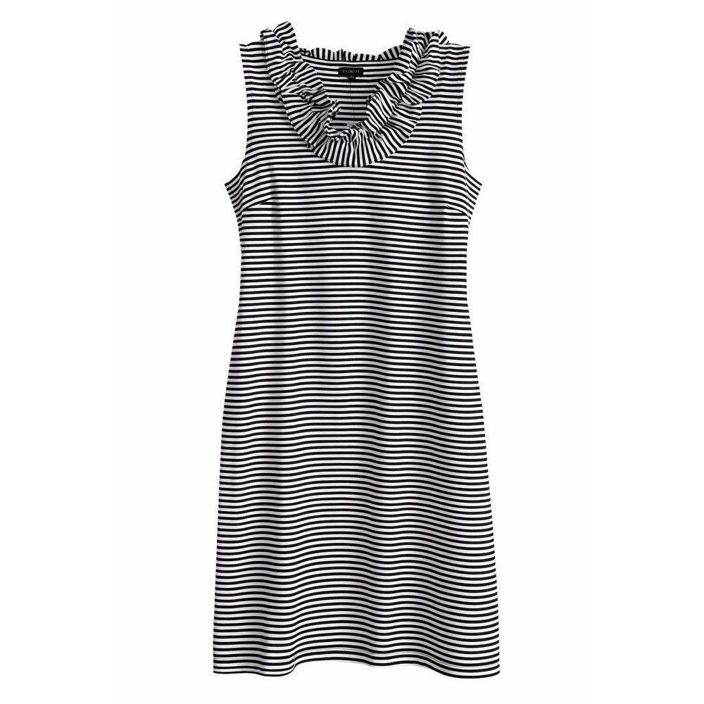 Talbots Black White Stripe Dress Medium NWT Ruffle Neck Preppy MSRP $90